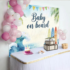 Lofaris Watercolor Surf Beach Baby Shower Backdrop with Palm Trees and Van Tropical Ocean Wave Photography Background for Baby Welcome