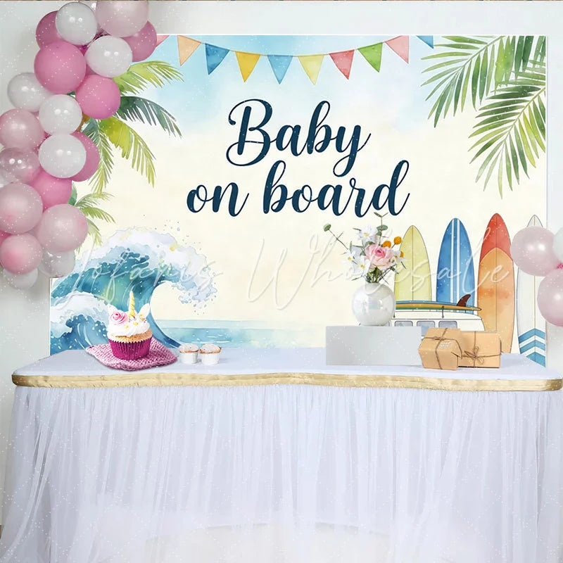 Lofaris Watercolor Surf Beach Baby Shower Backdrop with Palm Trees and Van Tropical Ocean Wave Photography Background for Baby Welcome