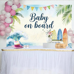 Lofaris Watercolor Surf Beach Baby Shower Backdrop with Palm Trees and Van Tropical Ocean Wave Photography Background for Baby Welcome