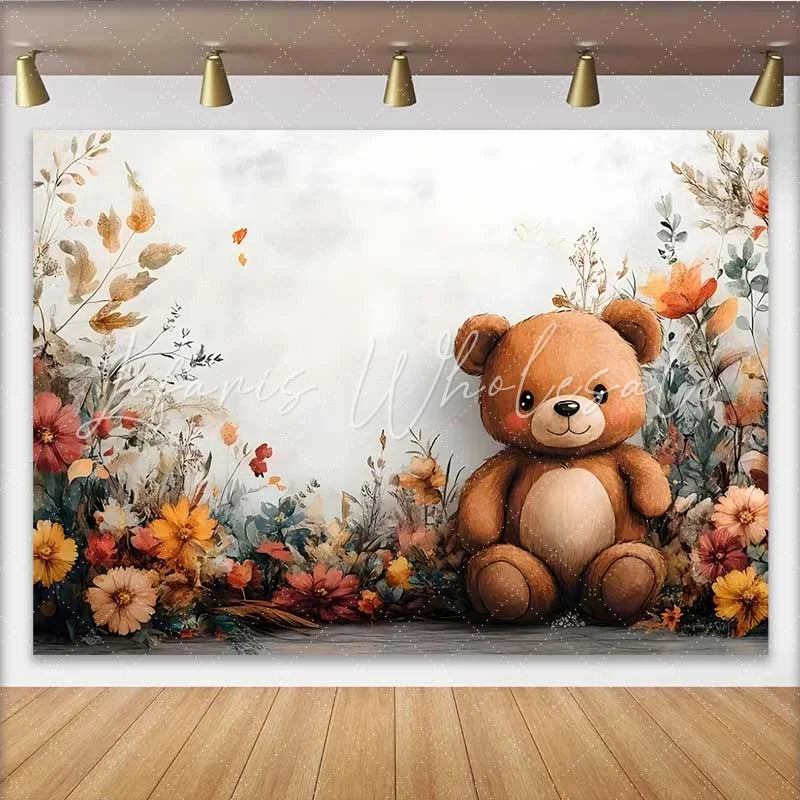 Lofaris Watercolor Teddy Bear Floral Backdrop Boho Autumn Flower Banner for Girl Birthday Party