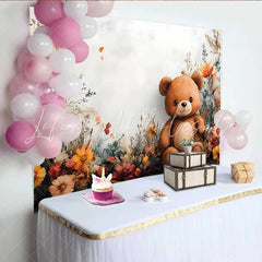 Lofaris Watercolor Teddy Bear Floral Backdrop Boho Autumn Flower Banner for Girl Birthday Party
