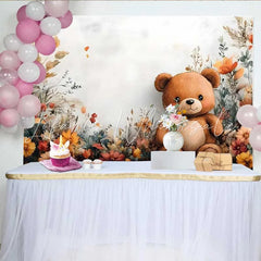 Lofaris Watercolor Teddy Bear Floral Backdrop Boho Autumn Flower Banner for Girl Birthday Party