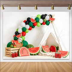 Lofaris Watermelon Birthday Backdrop with Green Red Balloons and Teepee Tent Summer Fruit Party Photography Background Decor
