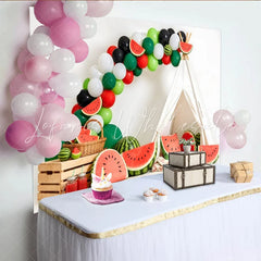 Lofaris Watermelon Birthday Backdrop with Green Red Balloons and Teepee Tent Summer Fruit Party Photography Background Decor