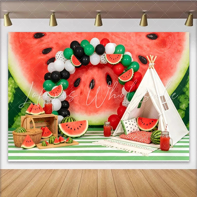 Lofaris Watermelon Birthday Backdrop with Red Green Balloons and Teepee Tent Summer Fruit Party Decor for Photoshoot