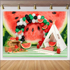 Lofaris Watermelon Birthday Backdrop with Red Green Balloons and Teepee Tent Summer Fruit Party Decor for Photoshoot
