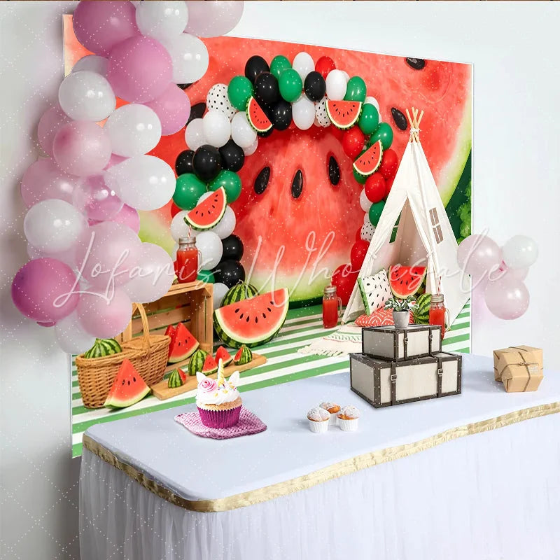 Lofaris Watermelon Birthday Backdrop with Red Green Balloons and Teepee Tent Summer Fruit Party Decor for Photoshoot