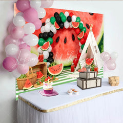 Lofaris Watermelon Birthday Backdrop with Red Green Balloons and Teepee Tent Summer Fruit Party Decor for Photoshoot