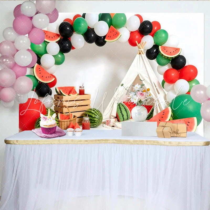 Lofaris Watermelon Photography Backdrop with Balloons and Teepee Tent Summer Party Decor for Photoshoot
