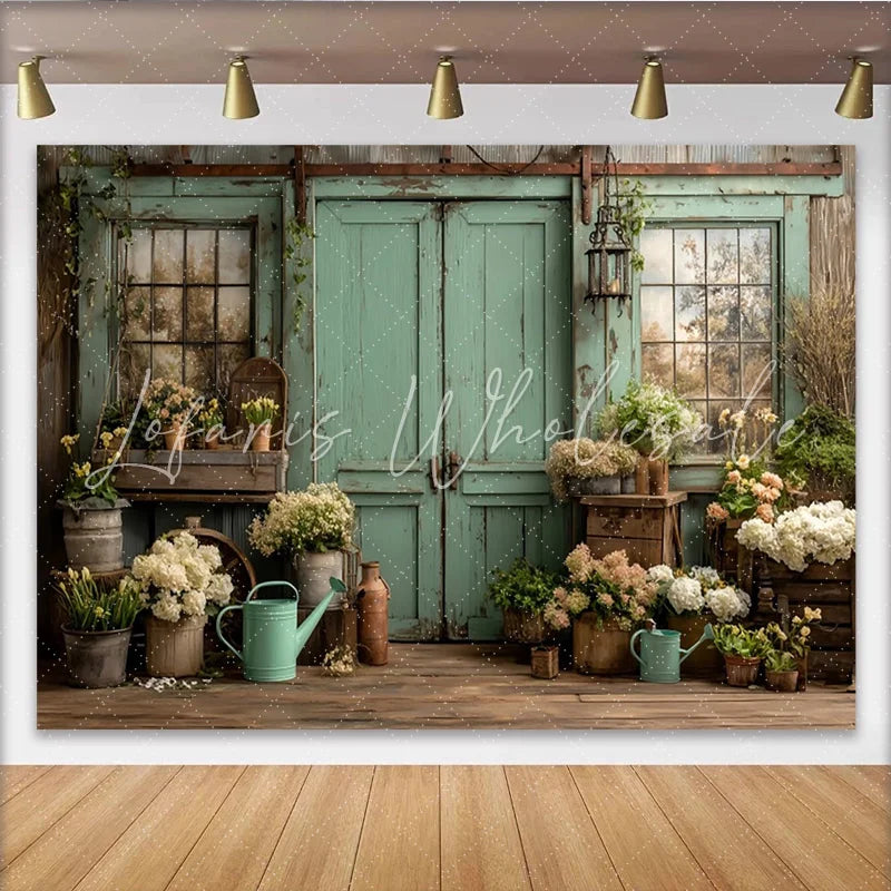 Lofaris Weathered Mint Green Door and Window Rustic Garden Photography Backdrop Floral Wooden Floor Background for Studio Photoshoot