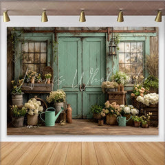 Lofaris Weathered Mint Green Door and Window Rustic Garden Photography Backdrop Floral Wooden Floor Background for Studio Photoshoot