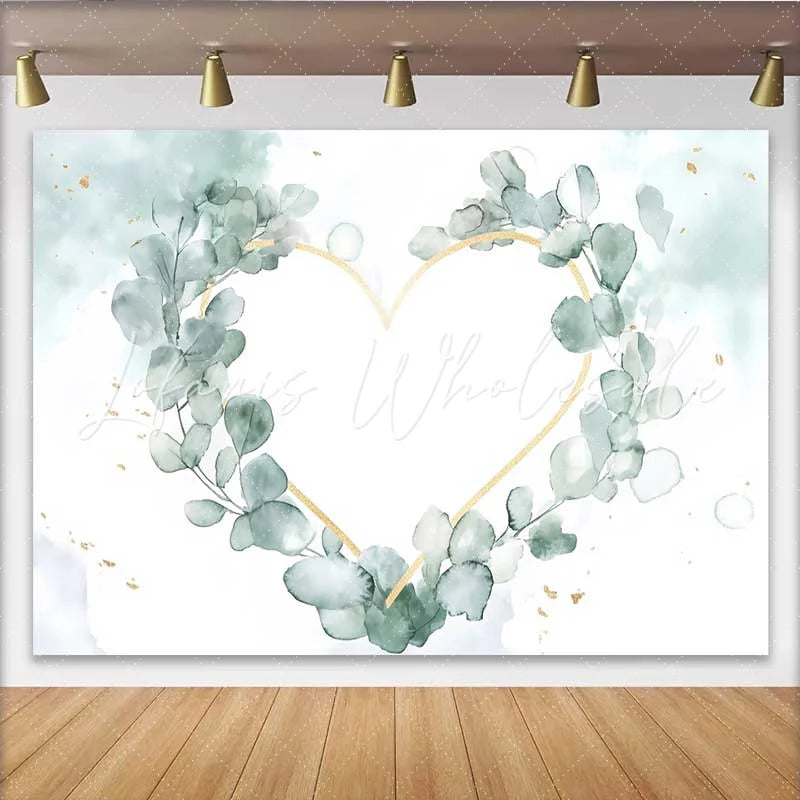 Lofaris Wedding Backdrop Watercolor Eucalyptus Leaves Gold Geometric Heart Prop