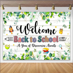 Lofaris Welcome Back to School Backdrop with Green Eucalyptus and Wooden Planks Classroom Background for Photo Booth Props and Party Decor