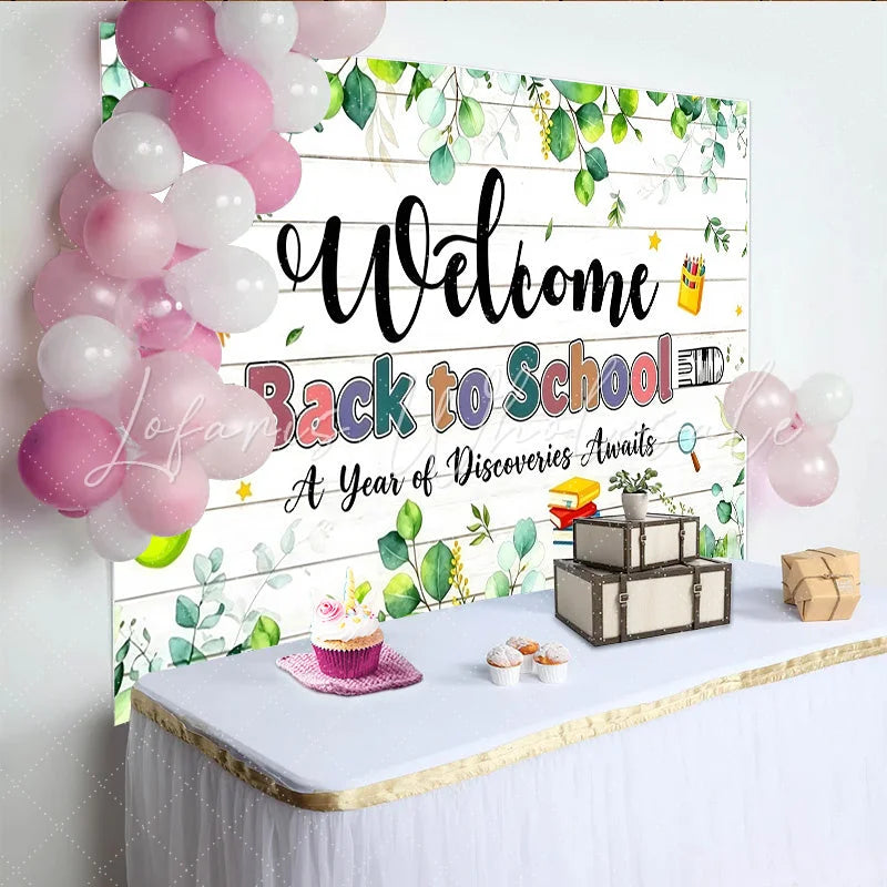 Lofaris Welcome Back to School Backdrop with Green Eucalyptus and Wooden Planks Classroom Background for Photo Booth Props and Party Decor