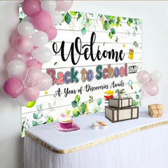 Lofaris Welcome Back to School Backdrop with Green Eucalyptus and Wooden Planks Classroom Background for Photo Booth Props and Party Decor