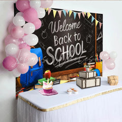 Lofaris Welcome Back to School Blackboard Backdrop with Colorful Pennants and School Supplies Wooden Desk Background for Classroom Decor