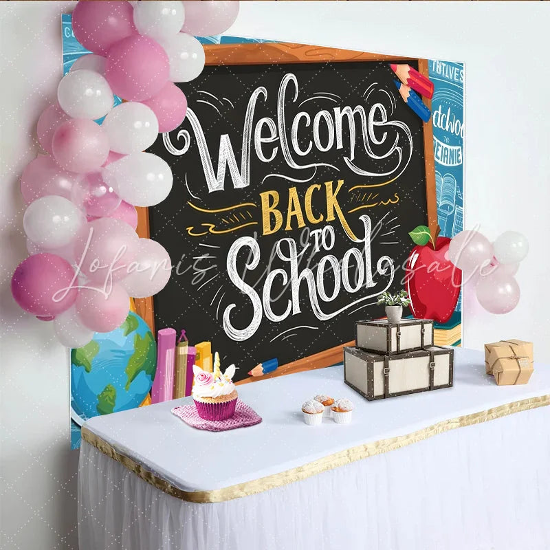 Lofaris Welcome Back To School Blackboard Backdrop with Pencils and Apple Educational Photo Background for Classroom and Studio Photography