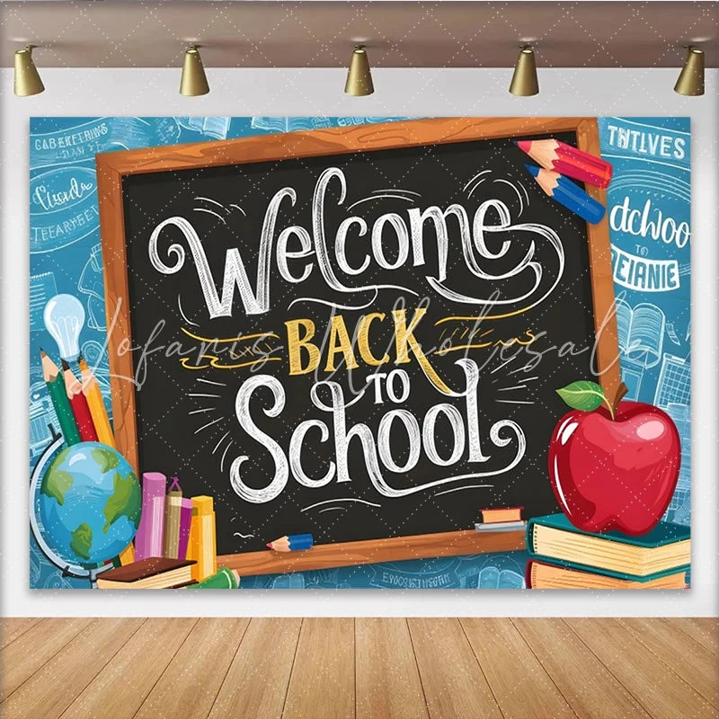 Lofaris Welcome Back To School Blackboard Backdrop with Pencils and Apple Educational Photo Background for Classroom and Studio Photography