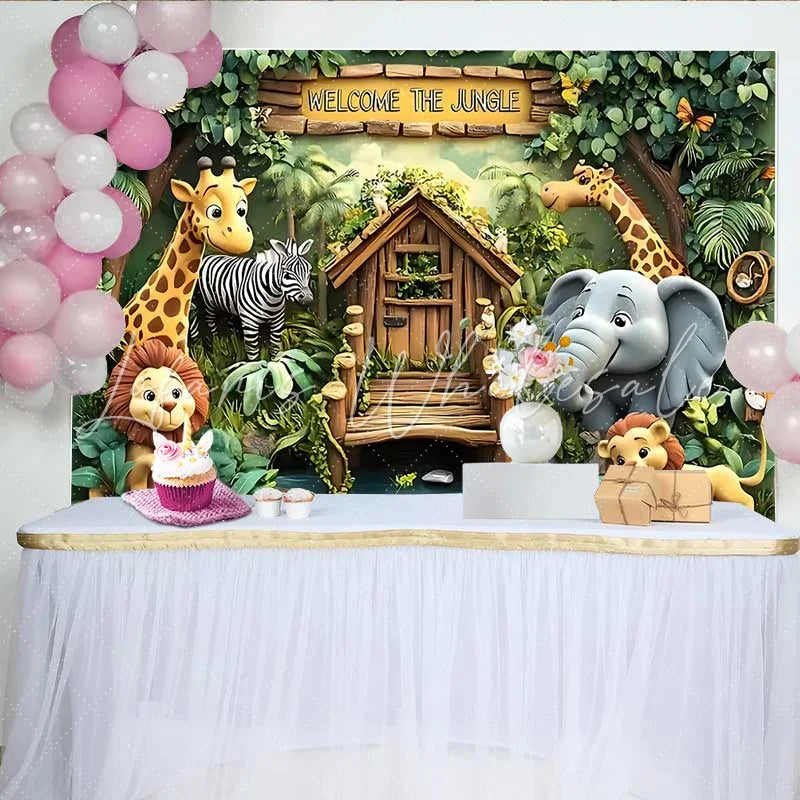 Lofaris Welcome to the Jungle Safari Backdrop Cartoon Zoo Animals Party Banner for Kids Birthday