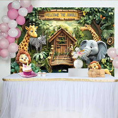 Lofaris Welcome to the Jungle Safari Backdrop Cartoon Zoo Animals Party Banner for Kids Birthday