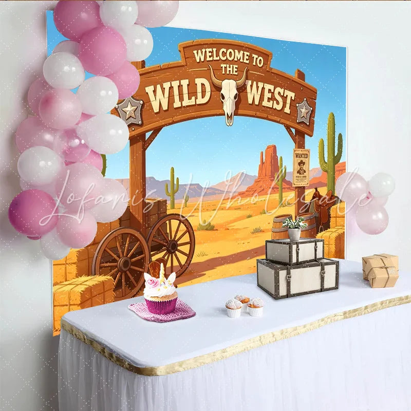 Lofaris Welcome to the Wild West Photography Backdrop with Desert Landscape and Cacti Cartoon Western Theme Background for Party Decor