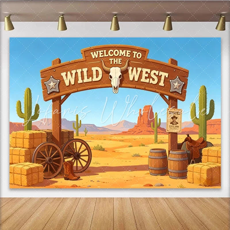 Lofaris Welcome to the Wild West Photography Backdrop with Desert Landscape and Cacti Cartoon Western Theme Background for Party Decor
