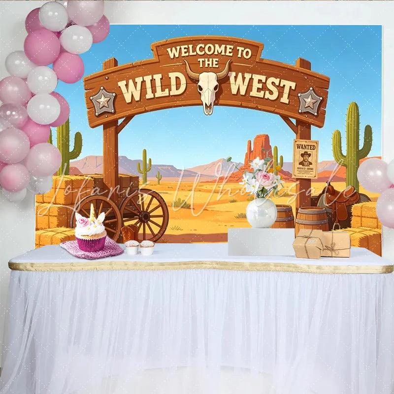 Lofaris Welcome to the Wild West Photography Backdrop with Desert Landscape and Cacti Cartoon Western Theme Background for Party Decor