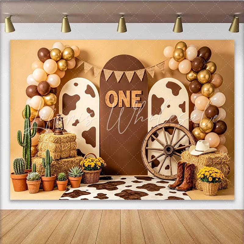 Lofaris Western 1st Birthday Backdrop with ONE Sign Balloons and Cow Print Rustic Cowboy Theme Photography Background for Party Decor.