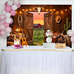 Lofaris Western Barn Photography Backdrop Open Doors and Sunset View Farmhouse Background for Cowboy Theme Party or Studio Photos