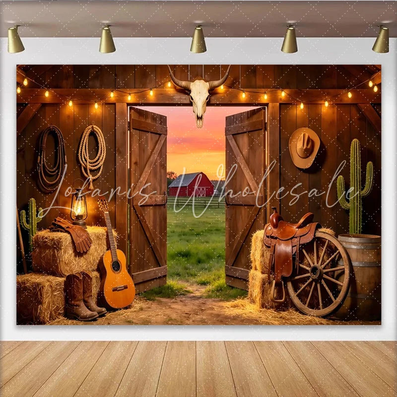 Lofaris Western Barn Photography Backdrop Open Doors and Sunset View Farmhouse Background for Cowboy Theme Party or Studio Photos
