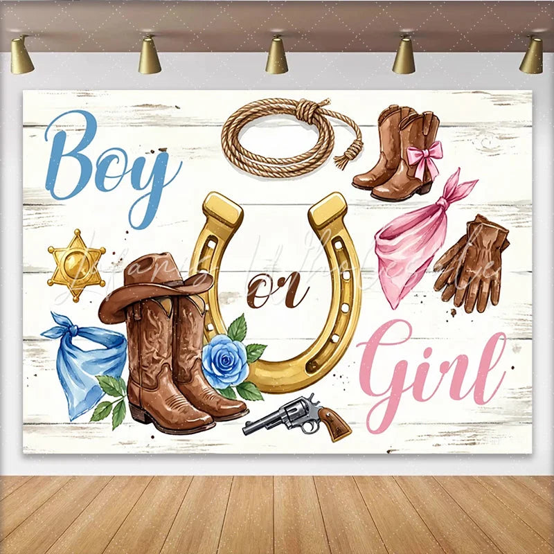 Lofaris Western Boy or Girl Gender Reveal Baby Shower Backdrop Rustic Cowboy Boots and Horseshoe Wooden Background for Photoshoot.