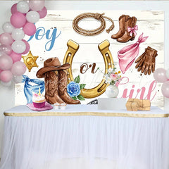 Lofaris Western Boy or Girl Gender Reveal Baby Shower Backdrop Rustic Cowboy Boots and Horseshoe Wooden Background for Photoshoot.