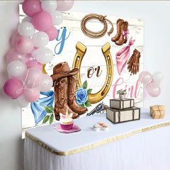 Lofaris Western Boy or Girl Gender Reveal Baby Shower Backdrop Rustic Cowboy Boots and Horseshoe Wooden Background for Photoshoot.