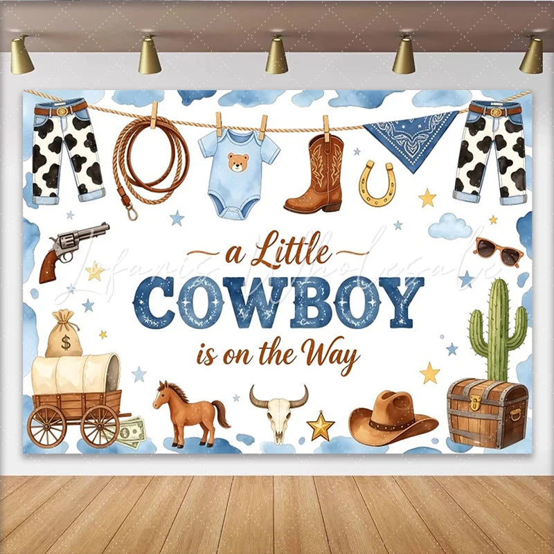 Lofaris Western Cowboy Baby Shower Backdrop for Boy featuring Boots Hat and Lasso a Little Cowboy is on the Way Party Background