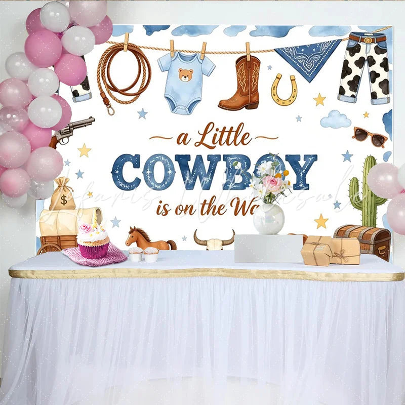 Lofaris Western Cowboy Baby Shower Backdrop for Boy featuring Boots Hat and Lasso a Little Cowboy is on the Way Party Background