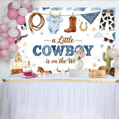 Lofaris Western Cowboy Baby Shower Backdrop for Boy featuring Boots Hat and Lasso a Little Cowboy is on the Way Party Background