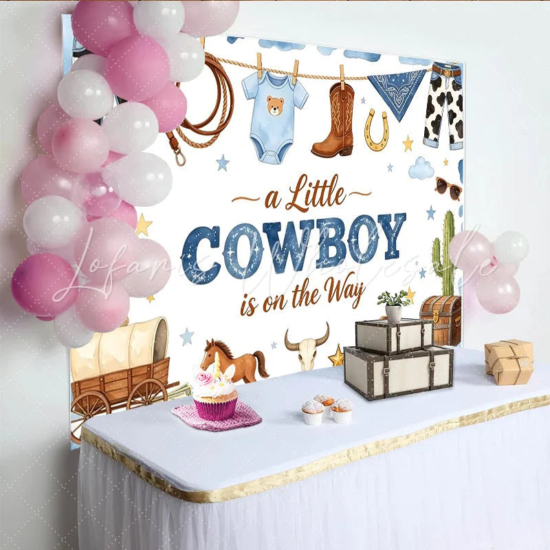 Lofaris Western Cowboy Baby Shower Backdrop for Boy featuring Boots Hat and Lasso a Little Cowboy is on the Way Party Background