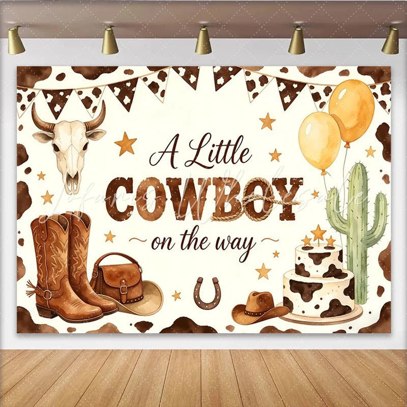 Lofaris Western Cowboy Baby Shower Backdrop with Boots Hat and Bull Skull Rustic Farmhouse Background for Little Boy Party Decor