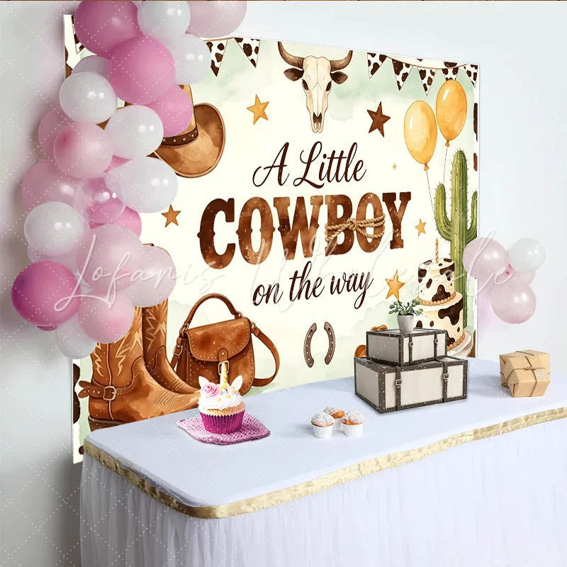 Lofaris Western Cowboy Baby Shower Backdrop with Bull Skull and Boots Rustic Farmhouse Photo Background for Little Boy Party