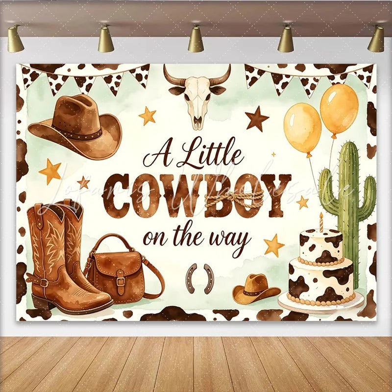 Lofaris Western Cowboy Baby Shower Backdrop with Bull Skull and Boots Rustic Farmhouse Photo Background for Little Boy Party
