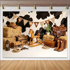 Lofaris Western Cowboy Birthday Backdrop with Cowhide Print and Hay Bales Kids Party Photography Background Decor