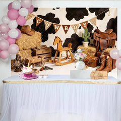 Lofaris Western Cowboy Birthday Backdrop with Cowhide Print and Hay Bales Kids Party Photography Background Decor