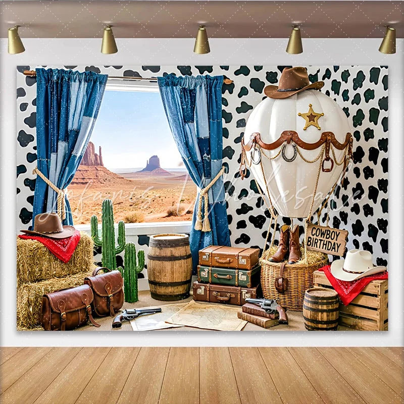Lofaris Western Cowboy Birthday Backdrop with Desert View Cow Print Hot Air Balloon Background for Party Photography