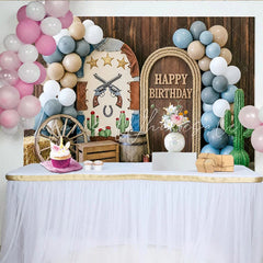 Lofaris Western Happy Birthday Backdrop with Wooden Door Wagon Wheel and Horseshoe Rustic Party Photography Background for Kids