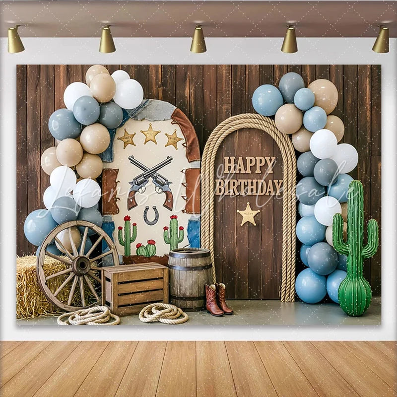 Lofaris Western Happy Birthday Backdrop with Wooden Door Wagon Wheel and Horseshoe Rustic Party Photography Background for Kids