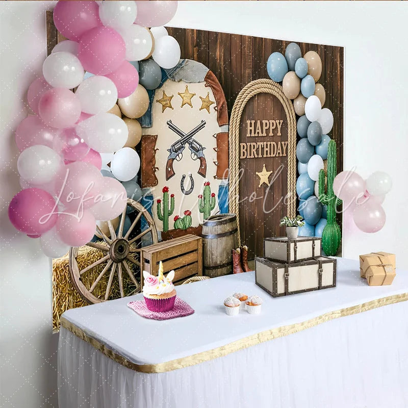Lofaris Western Happy Birthday Backdrop with Wooden Door Wagon Wheel and Horseshoe Rustic Party Photography Background for Kids