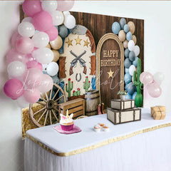 Lofaris Western Happy Birthday Backdrop with Wooden Door Wagon Wheel and Horseshoe Rustic Party Photography Background for Kids