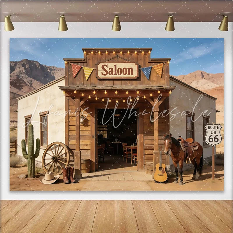 Lofaris Western Saloon Photography Backdrop with Horse and Cactus Desert Route 66 Scene for Party Decor and Photoshoot