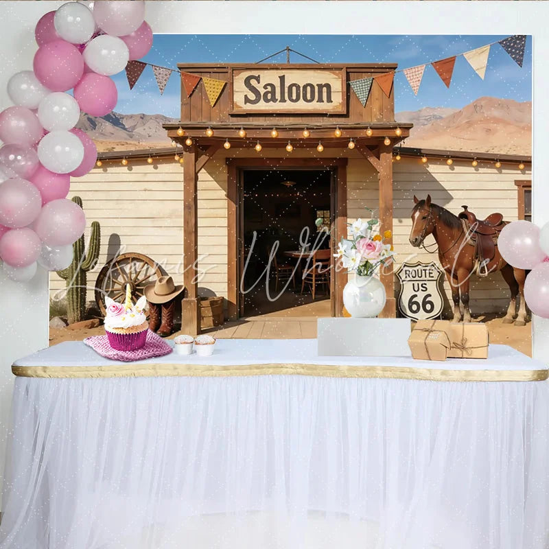 Lofaris Western Saloon Photography Backdrop with Horse and Route 66 Sign Desert Cowboy Theme Background for Studio Photoshoot
