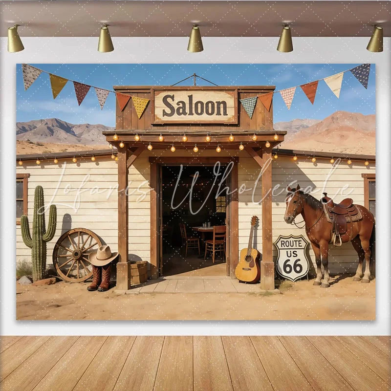 Lofaris Western Saloon Photography Backdrop with Horse and Route 66 Sign Desert Cowboy Theme Background for Studio Photoshoot
